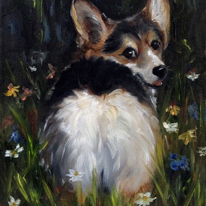 May include: A painting of a black and white corgi dog with brown markings, standing in a field of green grass and wildflowers. The dog is looking back over its shoulder, with its tongue slightly sticking out.
