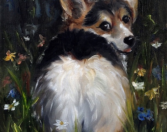 NEEDLEPOINT CANVAS for your project Corgi Dog Art by Mary Sparrow white puppy face canine portrait by Mary Sparrow of Hanging the Moon