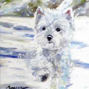 PRINT Westie West Highland Terrier Dogs Puppy Snow Art Pet portrait snow scene gift for westie dog lover, pet painting, dog artwork