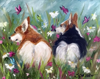 PRINT Pembroke Welsh Corgi Dog Art fluffy bunny butts butterflies and wildflowers / Mary Sparrow of Hanging the Moon