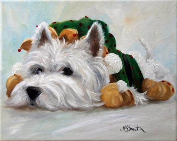 PRINT Westie West Highland Terrier Dog Art Oil Painting Christmas Mary  Sparrow