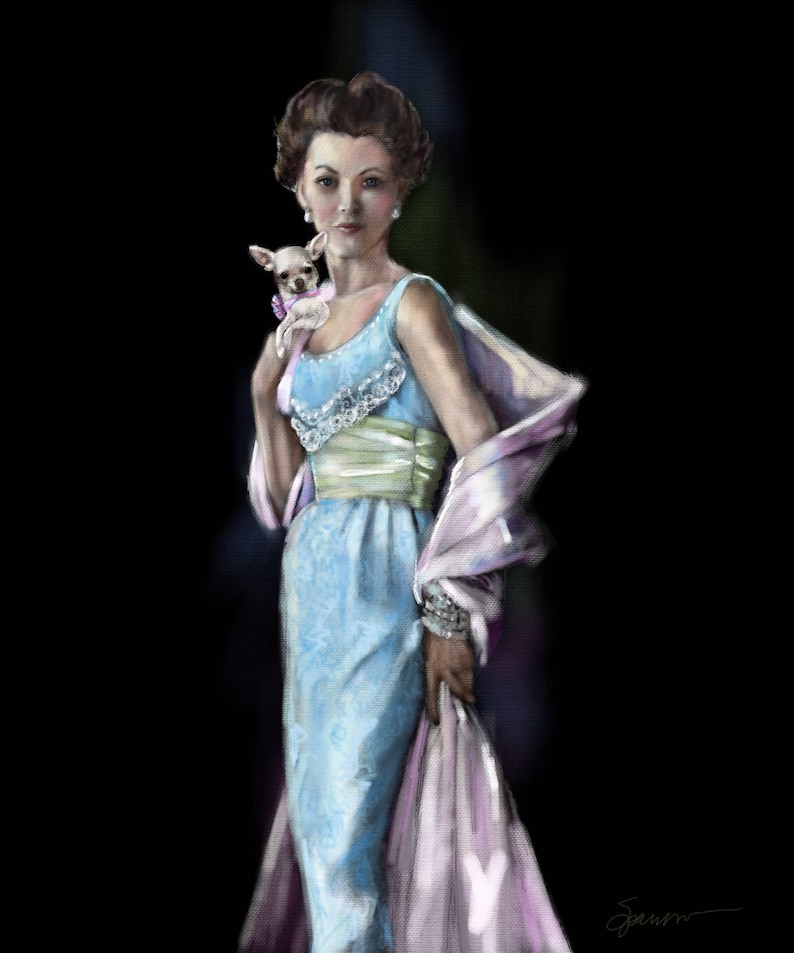 May include: A woman in a light blue dress with a green sash and a pink shawl holds a small white chihuahua with a pink bow. The woman is wearing a pearl necklace and earrings.