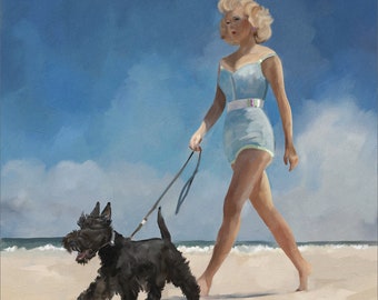Figurative painting of Woman and her Scottish Terrier walking on the beach by Mary Sparrow. Great gift for Scottie mom, dog lover. Retro art