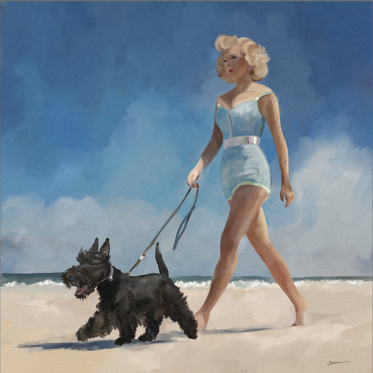 Figurative painting of Woman and her Scottish Terrier walking on the beach by Mary Sparrow. Great gift for Scottie mom, dog lover. Retro art