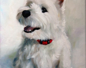 White Westie West Highland Terrier Dog Art Print Oil Painting Smiley Face / Mary Sparrow pet portrait artist dog artwork wall decor