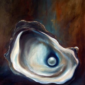 PRINT Oyster Art Oil Painting SeaFood Beach Ocean Pearl  Still Life "Hidden Treasure" / Mary Sparrow home decor for beach house, beach art