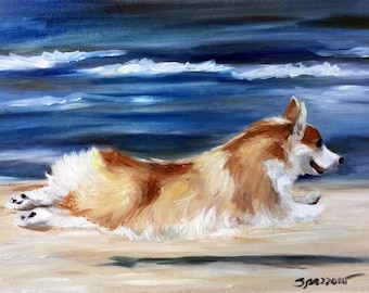 May include: A painting of a brown and white corgi dog lying on a sandy beach with blue water and white waves in the background.