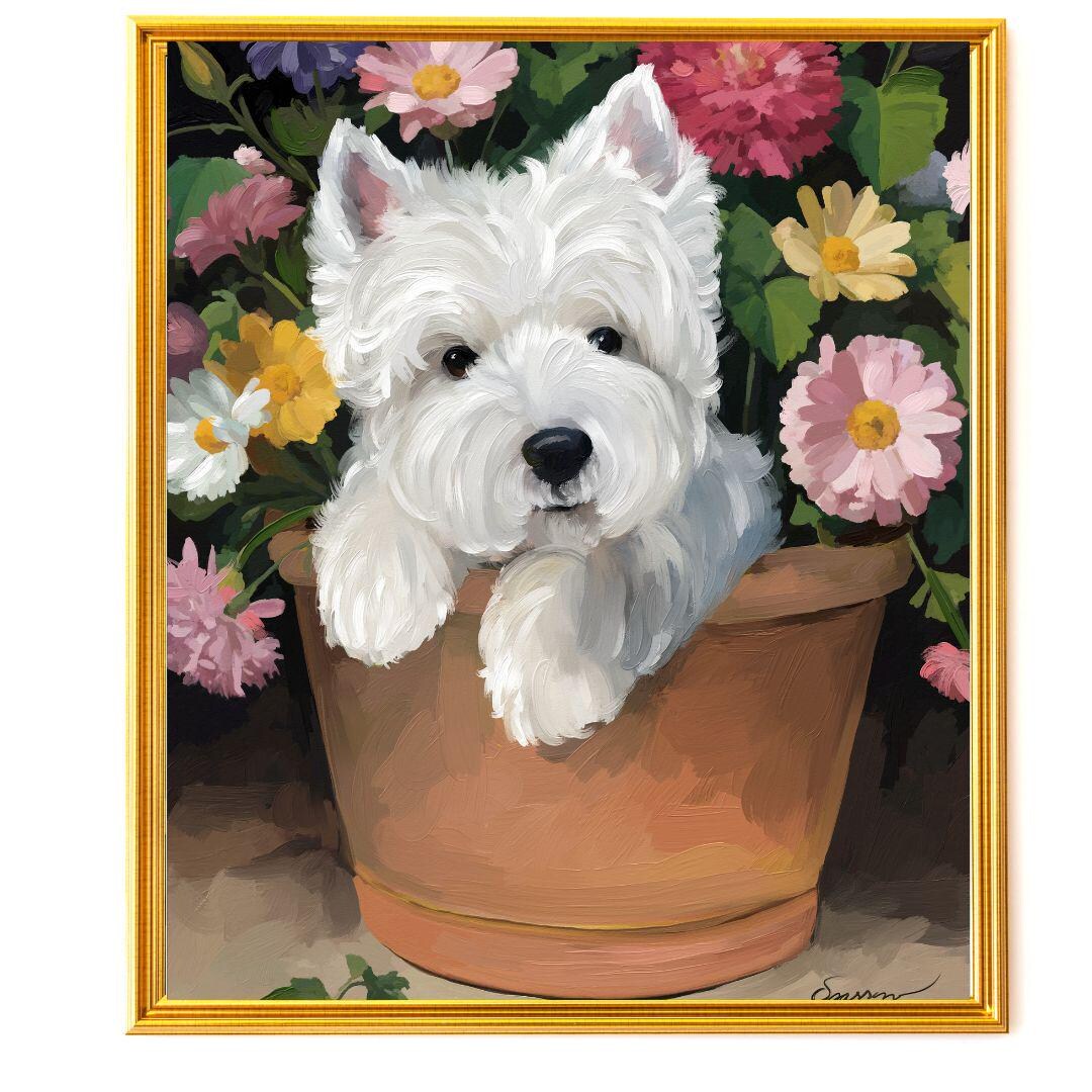 West Highland White Terrier Dog Art Print - Cottage Core Flowers Luxury ...