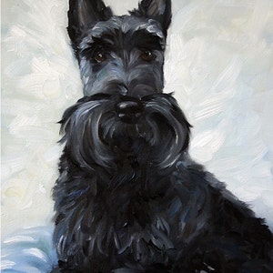 NEEDLEPOINT CANVAS PRINT Scottie Scottish Terrier Dog Art by Mary Sparrow Custom pet portrait Beg Please black puppy