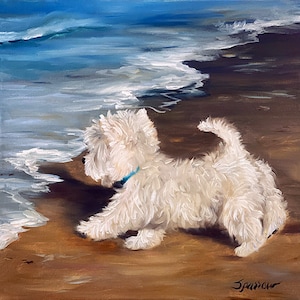 PRINT or original West Highland Terrier swimming Dog on the beach painting / Mary Sparrow pet puppy wall art decor gift for westie lover