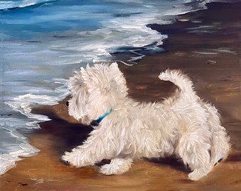 PRINT or original West Highland Terrier swimming Dog on the beach painting / Mary Sparrow pet puppy wall art decor gift for westie lover