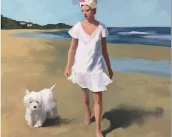 Figurative painting of Woman and her Westie walking on the beach by Mary Sparrow. Great gift for Westie mom, dog lover. Pet paintings