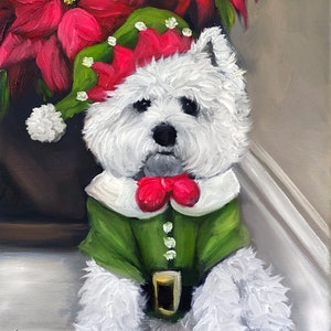PRINT Westie West Highland Terrier Dog Art by Mary Sparrow  &quot;Wally the elf&quot; Christmas painting- Gift idea for the westie lover.