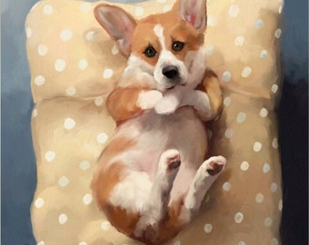 Corgi art, painting of pembroke welsh corgi on his dog bed by Mary Sparrow, WALL ART PRINT animal, gift for corgi mom, art for childs room