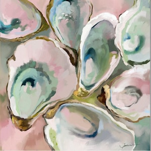 May include: A painting of several oyster shells in shades of pink, green, and blue. The shells are arranged in a cluster, with the edges of the shells overlapping. The background is a soft pink color.