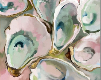 May include: A painting of several oyster shells in shades of pink, green, and blue. The shells are arranged in a cluster, with the edges of the shells overlapping. The background is a soft pink color.