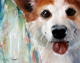 May include: A close-up painting of a dog's face. The dog has white fur with brown patches around its eyes and ears. The dog is smiling with its tongue sticking out. The background is a blurry abstract painting of blue, green, and white.