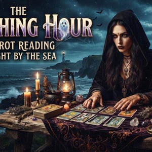 May include: A dark-themed tarot reading scene featuring the text The Witching Hour Tarot Reading Night by the Sea. A figure in a black hooded cloak sits at a wooden table with lit candles, a lantern, a crystal ball, and tarot cards laid out.