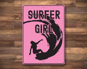 Girl Surfer Sign, Surfer Girls Sign, Surfing Sport, Pink Surfing Sign, Metal Surf Decor, Beach House Sign, Surfer Wall Art, Quality Alumimun