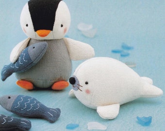 Cotton Linen Fabric Cute Penguin, Fish and Seal Animal Mascots Plush Stuffed Toy pdf Scaled E PATTERN in Japanese & Titles in English