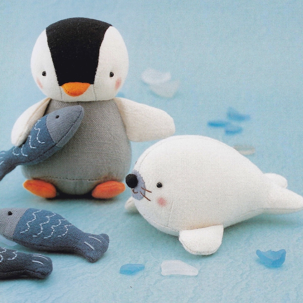 Cotton Linen Fabric Cute Penguin, Fish and Seal Animal Mascots Plush Stuffed Toy pdf Scaled E PATTERN in Japanese & Titles in English