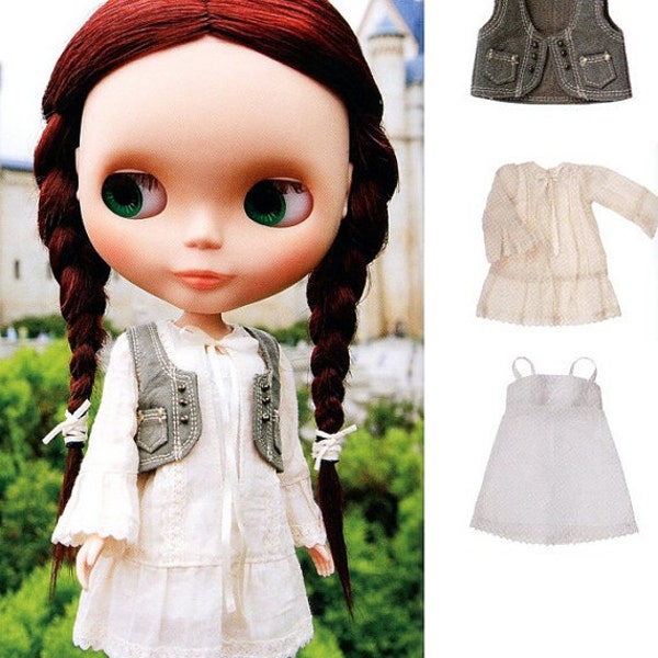 Kenner Blythe Doll Boho Casual Tunic Dress, Denim Vest and Under Dress set pdf Scaled E PATTERN in Japanese and Template Titles in English