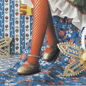 May include: A pair of red fishnet stockings with gold ankle bracelets and gold shoes. The shoes have a pointed toe and a low heel. The stockings and shoes are on a blue and white floral patterned fabric.
