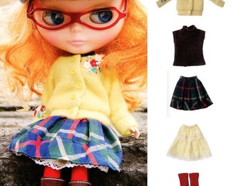 Kenner Blythe Doll Hipster Cardigan, Rollkragen Top, Rock, Petticoat, Kangol Mütze, Socken Set pdf E MUSTER auf Japanisch & Titel auf Englisch