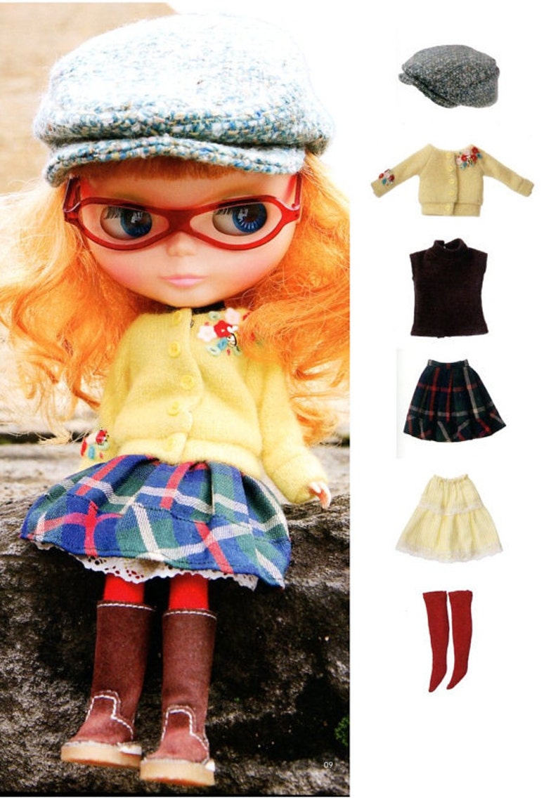 Kenner Blythe Doll Hipster Cardigan, Turtleneck Top, Skirt, Petticoat, Kangol Cap, socks set pdf E PATTERN in Japanese & Titles in English image 1