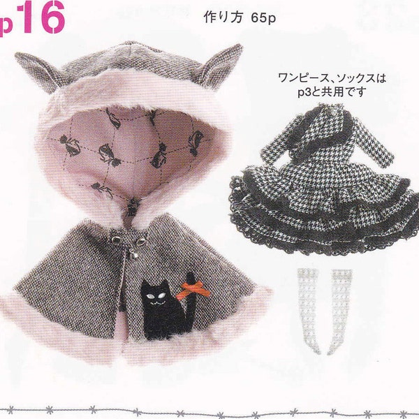 Kenner Blythe Doll Halloween Flounced Dress AND Cat Ears Hooded Cloak Cape w/ socks set pdf E PATTERN in Japanese & Pieces Titles in English