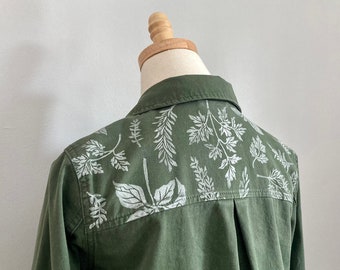 Upcycled Green Top | Block Printed Herbs | Size XS