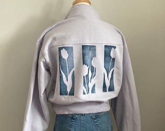 Upcycled Lavender Crop Pullover | Block Printed Tulips | Size XS