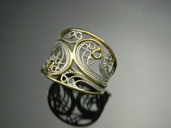 Filigree Ring, 10K gold, Sterling Silver, Handmade Filigree Ring, Two Tone Ring, Gold and Silver Ring, Cigar Band, Made to Order