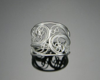 Russian Filigree Ring, Handmade Filigree, Cigar Band Ring, Statement Ring, Filigree Ring, Sterling Silver Ring, Silver Filigree