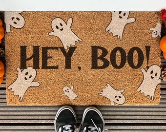 Hey Boo Paillasson en coco | Tapis de bienvenue | Paillasson drôle | Décor fantôme | Paillasson d'automne
