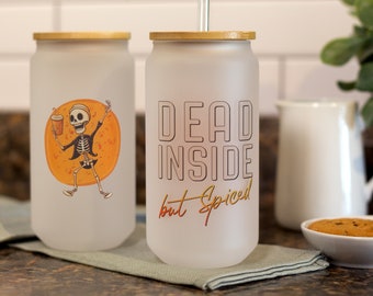 Dead Inside But Spiced Glass Can | Fall Cups | Iced Coffee Cup | Halloween Tumbler | Skeleton Cup | Pumpkin Spice