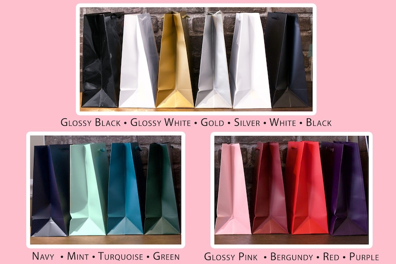 Pode incluir: Um conjunto de 10 sacos de presente em v&aacute;rias cores, incluindo preto brilhante, branco, dourado, prata, azul marinho, menta, turquesa, verde, rosa, bord&ocirc;, vermelho e roxo. Os sacos est&atilde;o dispostos em duas filas de cinco sacos cada.