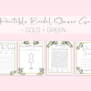Printable Gold + Green Bridal Shower Games | Instant Download Shower Games | Wedding Party Games | Bachelorette Games