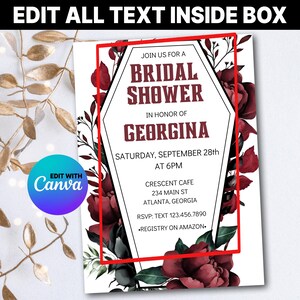 May include: A white bridal shower invitation with a black and white coffin-shaped frame. The invitation features red and green floral illustrations and the text "JOIN US FOR A BRIDAL SHOWER IN HONOR OF GEORGINA SATURDAY, SEPTEMBER 28th AT 6PM CRESCENT CAFE 234 MAIN ST ATLANTA, GEORGIA RSVP: TEXT 123.456.7890 REGISTRY ON AMAZON."