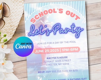 School's Out Pool Party Invitation: Retro Summer Canva Template (Digital Download