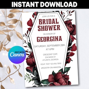 May include: A white bridal shower invitation with a black coffin-shaped border. The invitation features red and green floral illustrations and the text "Join us for a Bridal Shower in honour of Georgina, Saturday, September 28th at 6PM, Crescent Cafe, 234 Main St, Atlanta, Georgia, RSVP: Text 123.456.7890, Registry on Amazon."