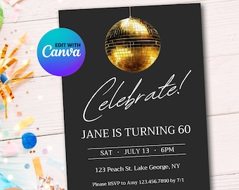 Golden Disco Ball Birthday Invite - Digital Download | 70's Birthday Invitation | Groovy Party