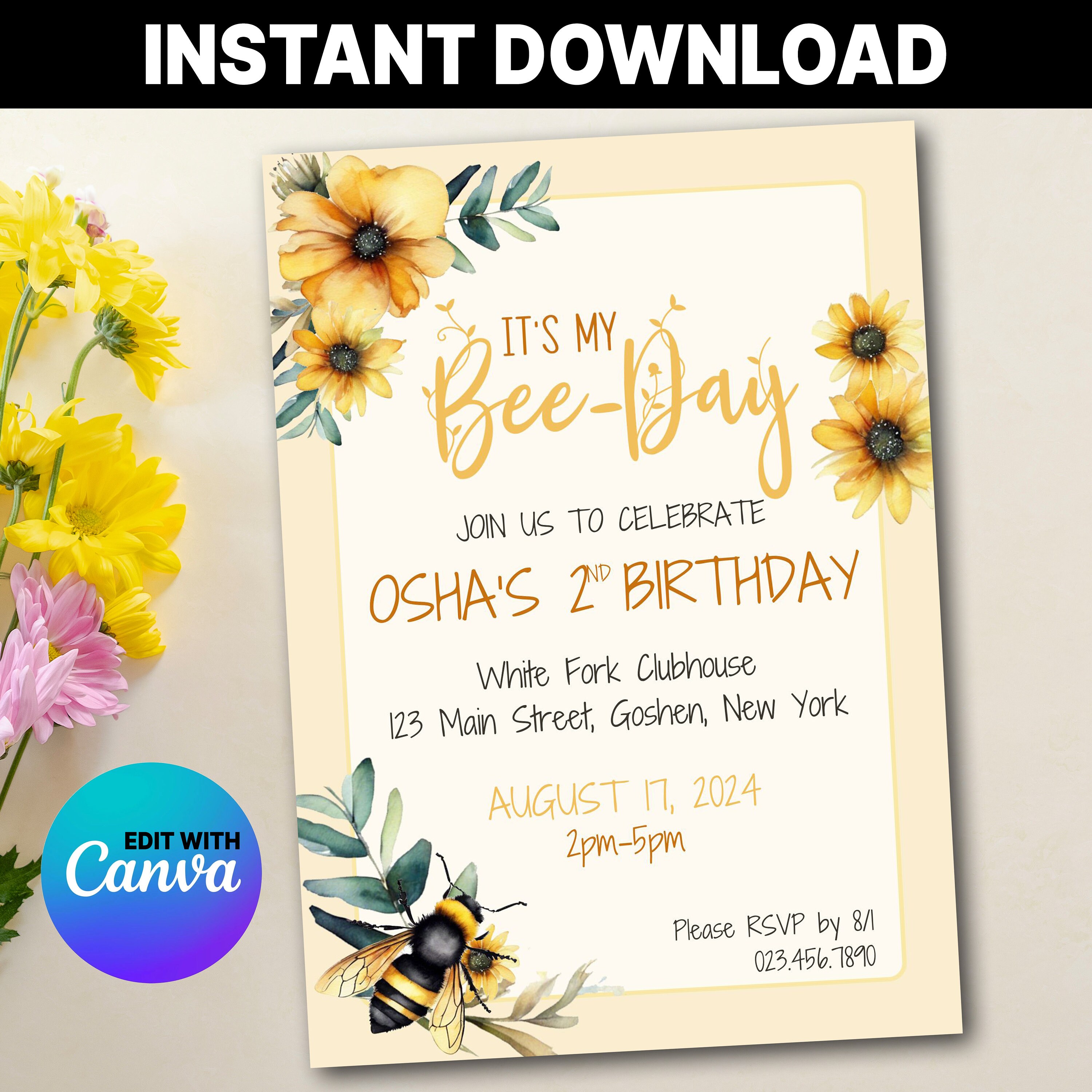 BeeDay Birthday Party Invite Digital Download Kids Birthday Invitation Bee Themed Birthday