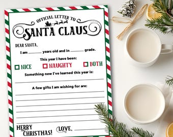 Carta imprimible a Papá Noel / Lista de deseos navideños para niños / Descarga digital en PDF / Plantilla de carta a Papá Noel / Actividad navideña de recuerdo