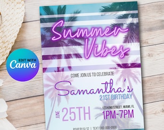 Instant Download Summer Vibes Party Invitation | Palm Tree Invite | Retro LA Party | Neon Summer Party