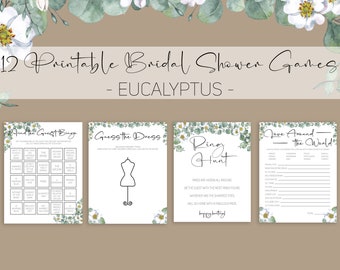May include: A set of 12 printable bridal shower games with a eucalyptus and white floral theme. The games include "Find the Guest Bingo", "Guess the Dress", "Ring Hunt", and "Travel Around the World".