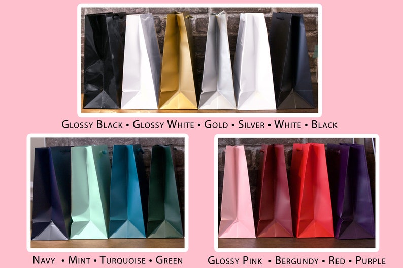 Pu&ograve; includere: Un set di 10 sacchetti regalo in vari colori, tra cui nero lucido, bianco, oro, argento, blu navy, menta, turchese, verde, rosa, bordeaux, rosso e viola. I sacchetti sono disposti in due file da cinque sacchetti ciascuna.