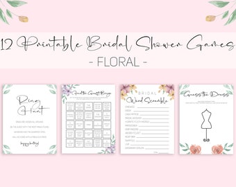 May include: Twelve printable bridal shower games with floral designs. The games include: Ring Hunt, Find the Guest Bingo, Bridal Word Scramble, and Guess the Dress.