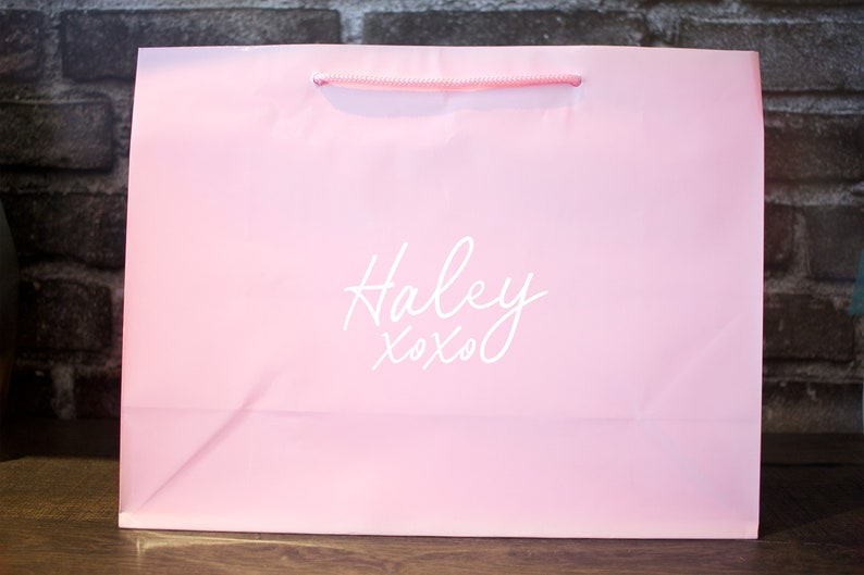 Pode incluir: Uma sacola de papel rosa com um logotipo branco que diz "Haley xoxo".
