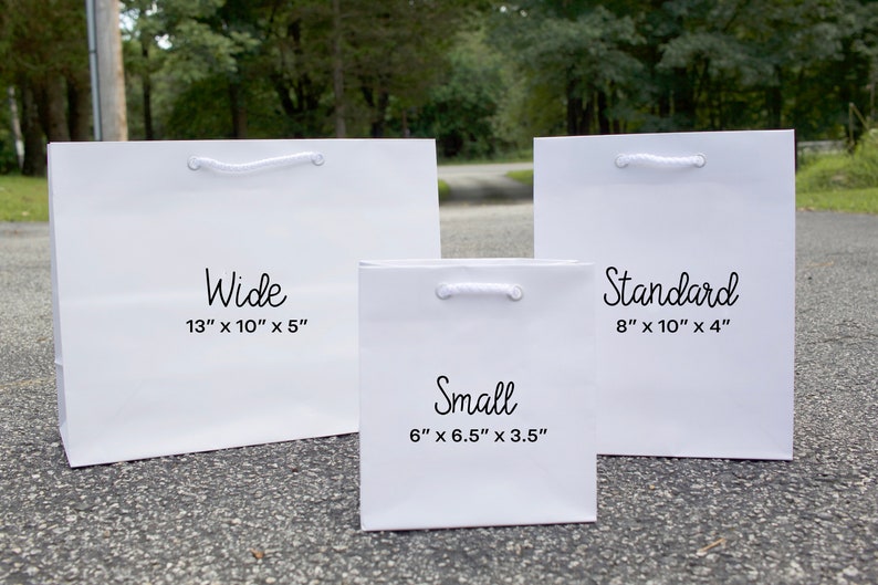 Pode incluir: Tr&ecirc;s sacos de presente brancos de diferentes tamanhos. O saco maior &eacute; etiquetado "Wide 13" x 10" x 5"". O saco do meio &eacute; etiquetado "Small 6" x 6,5" x 3,5"". O saco menor &eacute; etiquetado "Standard 8" x 10" x 4"".